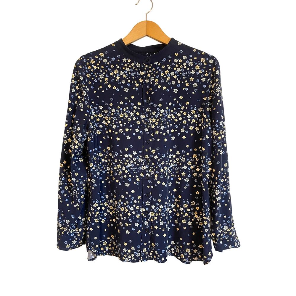 Talbots blue long sleeve high collar blouse buttons ditsy floral lightweight L